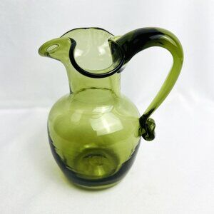 Mid Century Hand Blown Avocado Green Glass Mini Pitcher Vintage Creamer 6” high